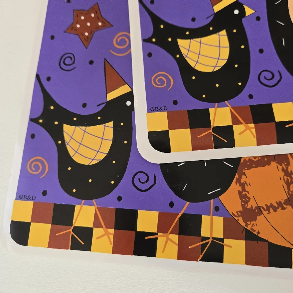 VTG Vinyl Happy Harvest Pumpkin Scarecrow Black Cat Farm Place Mat‎ Set of 2 90s